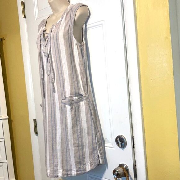 COLUMBIA Linen Coverup Beige Blue White Striped Hemp Cotton Dress Womens XS - Picture 3 of 10